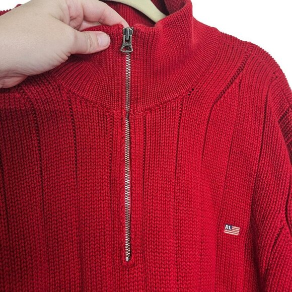 Vtg 90s Polo Ralph Lauren Flag Logo Red Cotton‎ Knit Pullover Sweater Mens Sz XL - Picture 5 of 15